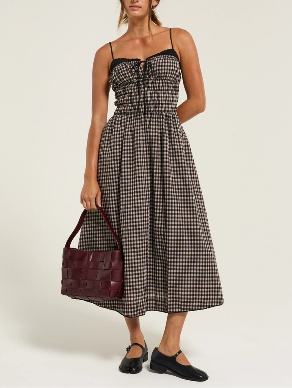 NIA Black Tan Gingham Smocked Midi Thomas Dress Lace Trim Pockets  Womens Medium